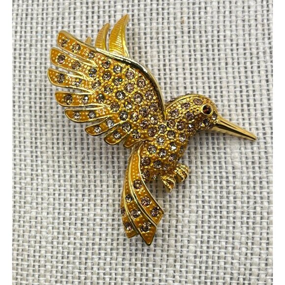 Vintage Hummingbird in Flight Brooch Pin Gold Tone Rhinestone Flying Bird - Picture 5 of 6